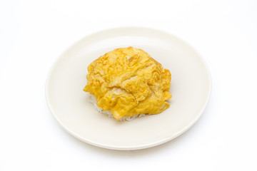 Thai omelet with jasmine rice on dash isolated.