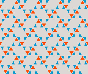 Blue and orange color minimal triangle on gray color background seamless pattern vector.