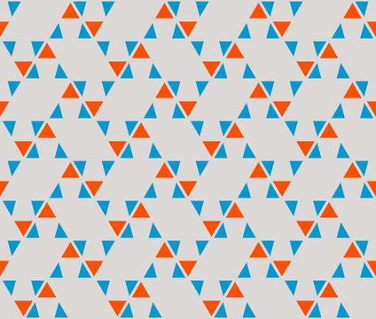 Blue and orange color minimal triangle on gray color background seamless pattern vector.