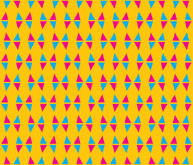 Blue and pink color minimal triangle on yellow color background seamless pattern vector.