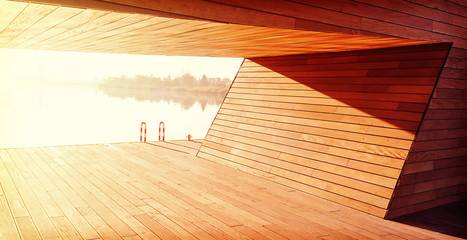 Wooden marina construction in Szczecin, Poland.