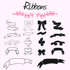 Hand drawn vector set of ribbons. White and black sketchy collection