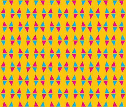 Blue and pink color minimal triangle on yellow color background seamless pattern vector.