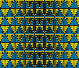 Yellow and blue color line triangle on black color background seamless pattern vector. Inspiration from pharaoh headdress.