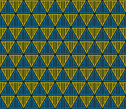 Yellow and blue color line triangle on black color background seamless pattern vector. Inspiration from pharaoh headdress.