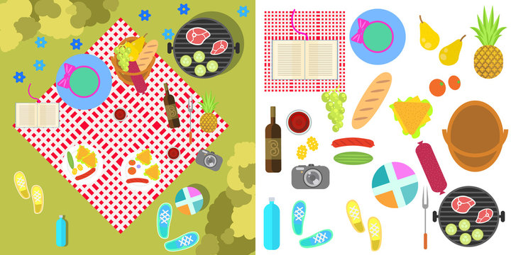 Summer picnic nature landscape with blanket and basket of food, top view. Isolated barbeque flat objects on white