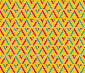 Yellow, blue and pink color stripes triangle seamless pattern background vector.