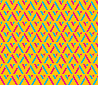 Yellow, blue and pink color stripes triangle seamless pattern background vector.