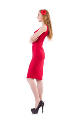 Pretty young girl in red dress isolated on white