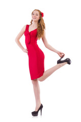 Pretty young girl in red dress isolated on white