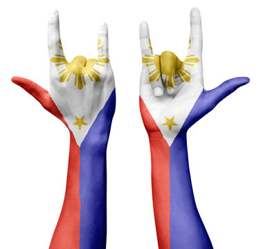 Hands making I love you sign, Philippines flag painted, multi purpose concept - isolated on white background, illustration.