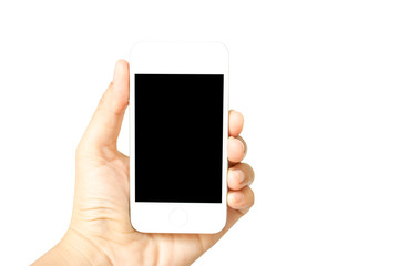 Hand holding a white smart phone isolated on white background