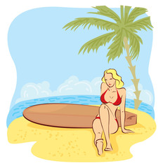 Obraz na płótnie Canvas Girl and surfboard on a beach.