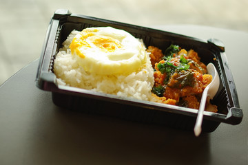 Fried chicken with basil spicy sauce, rice  and fried egg, Thai