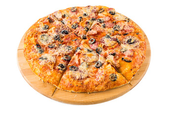 Tasty pizza on a wooden board
