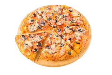 Tasty pizza on a wooden board
