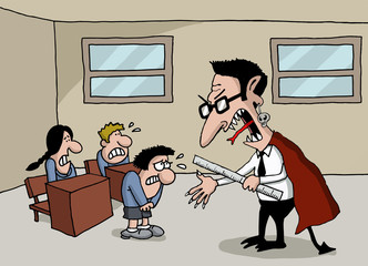 Conceptual cartoon of a monster teacher in school