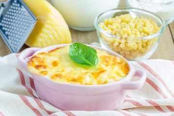 Macaroni and cheese baked in a mini cocotte