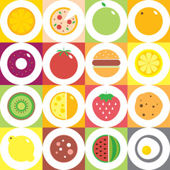 Colorful round fruits, vegetables, dishes and food icon set for market or cafe