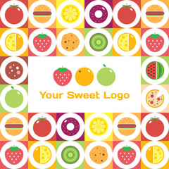 Colorful round fruits, vegetables, dishes and food icon set for market or cafe