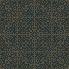 Golden seamless pattern on a dark green background. Royal elements in a gothic style. Ornament for wallpaper, fabrics, tiles and mosaics. Vector illustration