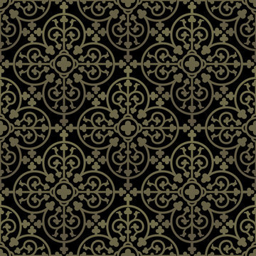 Golden gothic seamless pattern. Geometrical royal elements in a medieval style. Ornament for a tiles and mosaics. Vector illustration