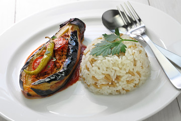 karniyarik pilav, stuffed eggplant with pilaf, turkish cuisine
