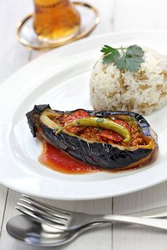 karniyarik pilav, stuffed eggplant with pilaf, turkish cuisine