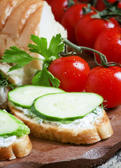 Bruschetta with white sauce and cucumber, selective focus