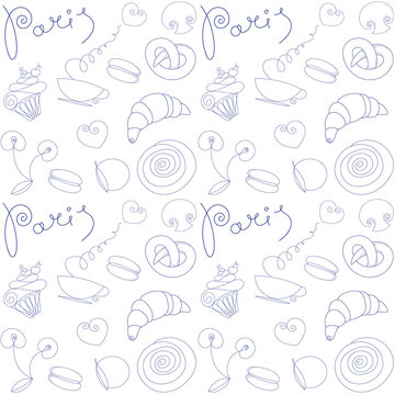 Vector hand drawn background with Paris food symbols and doodle design elements. Seamless pattern.