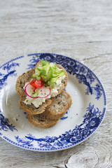healthy toast with cottage cheese, radish, cucumber and tomatoes