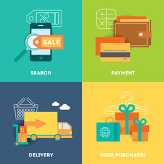 Flat design modern vector illustration. Process of buying on Internet.