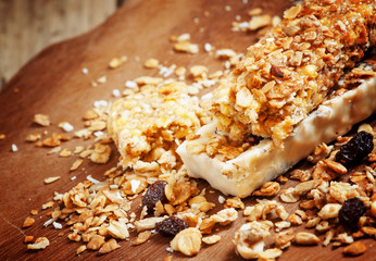 Bar muesli and spilled cereal, selective focus