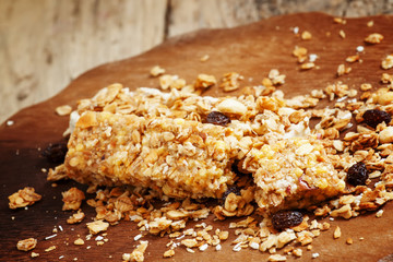Bar muesli and spilled cereal, selective focus