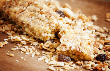Bar muesli and spilled cereal, selective focus