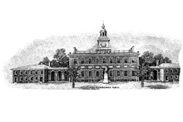 Black and white engraving of Independence Hall