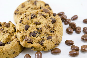 Chocolate chip cookies on white background