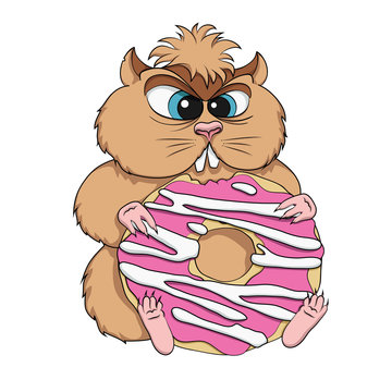 Greedy hamster sits with cookies. Vector illustration. Isolated on white background.