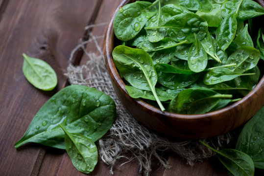 Fresh spinach, close-up, selective focus