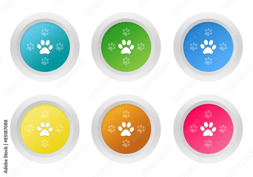 Poster set of rounded colorful buttons with pet footprints symbol