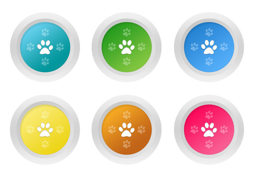 Set of rounded colorful buttons with pet footprints symbol