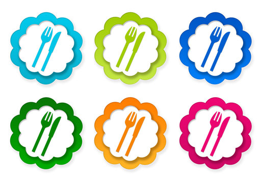 Set of colorful stickers icons with restaurant symbol