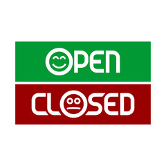 Open and closed signs with emoticons. Smiling and sad faces.