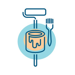 Paint bucket with brush and roller logo template. Lineart style.