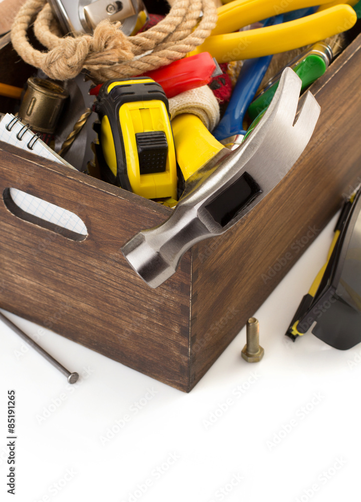 Sticker set of tools and instruments in toolbox