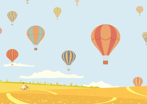 Hot air balloons over fields