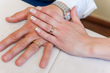 Mani degli sposi con le fedi nuziali