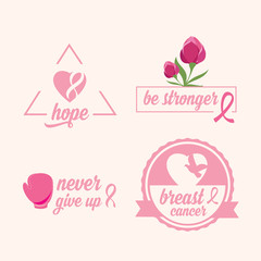 Fototapeta na wymiar Breast cancer set of stickers. Pink ribbon, icon design.