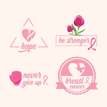 Breast cancer set of stickers. Pink ribbon, icon design.