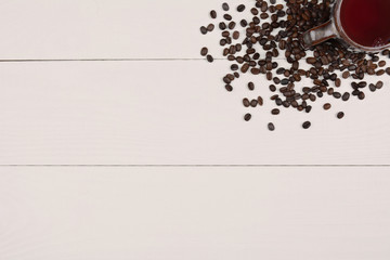 Coffee Mug Beans in Corner White Wood